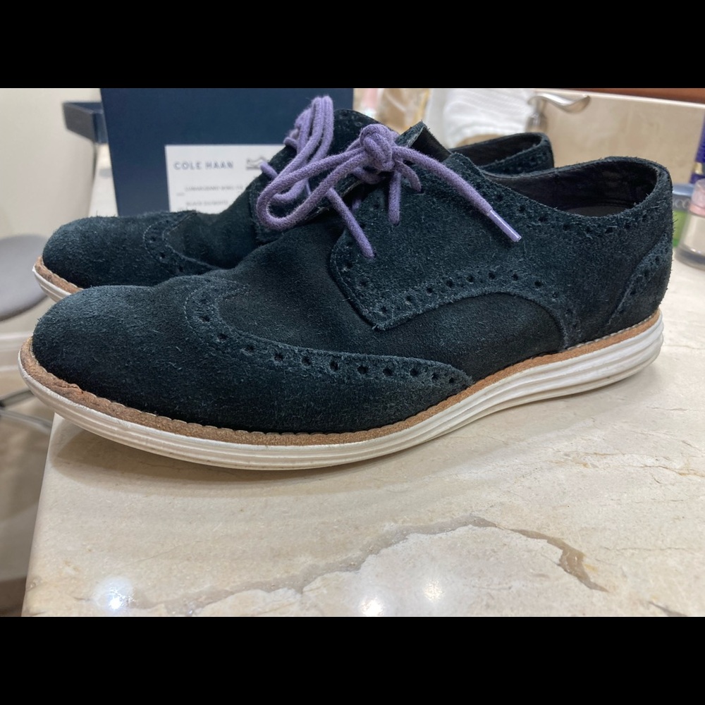 Cole Haan Wing Tip Shoes, Ladies size 5B, Black suede with 2 pair of shoestrings